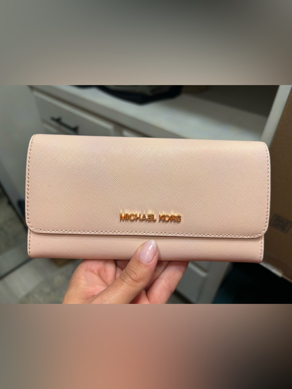 Michael Kors Pale Pink Saffiano Leather Continental Wallet with Gold Logo